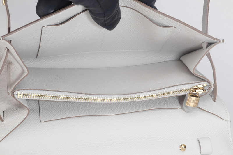 HERMES KELLY TO GO (STAMP B) GRIS PALE EPSOM LEATHER GOLD HARDWARE WITH STRAP, DUST COVER AND BOX