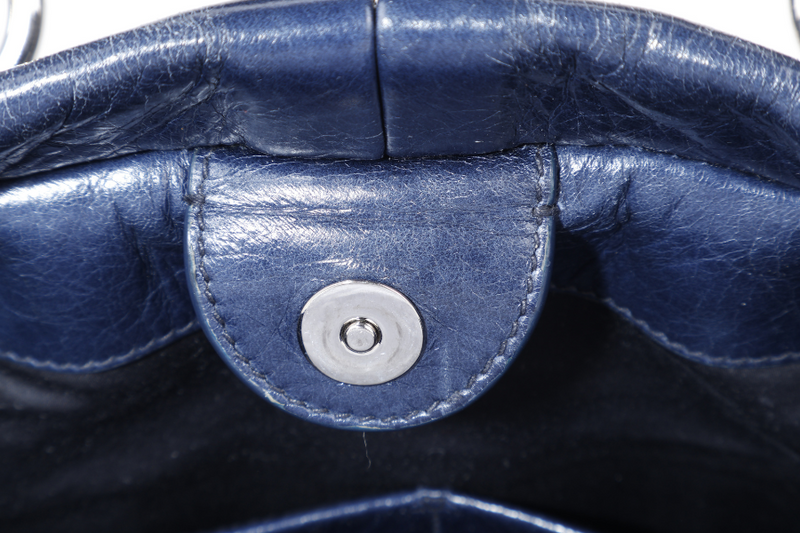 MIU MIU VITELLO SHINE SATCHEL DARK BLUE LEATHER SILVER HARDWARE WITH STRAPS AND NO DUST COVER