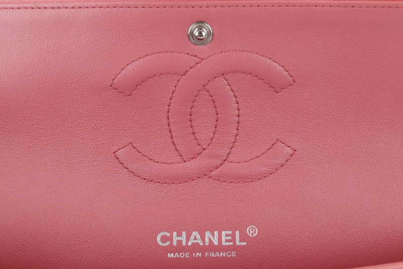 CHANEL FLAP MEDIUM (1632xxxx) PINK LAMBSKIN LEATHER SILVER HARDWARE WITH CARD, DUST COVER AND BOX