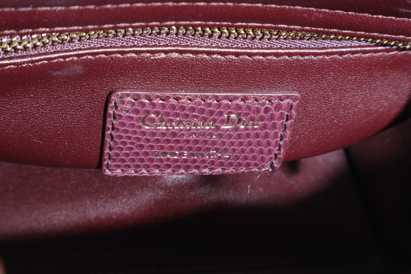 CHRISTIAN DIOR LADY DIOR MINI BURGUNDY LIZARD SKIN GOLD HARDWARE WITH STRAPS, CITIES REPORT AND DUST COVER