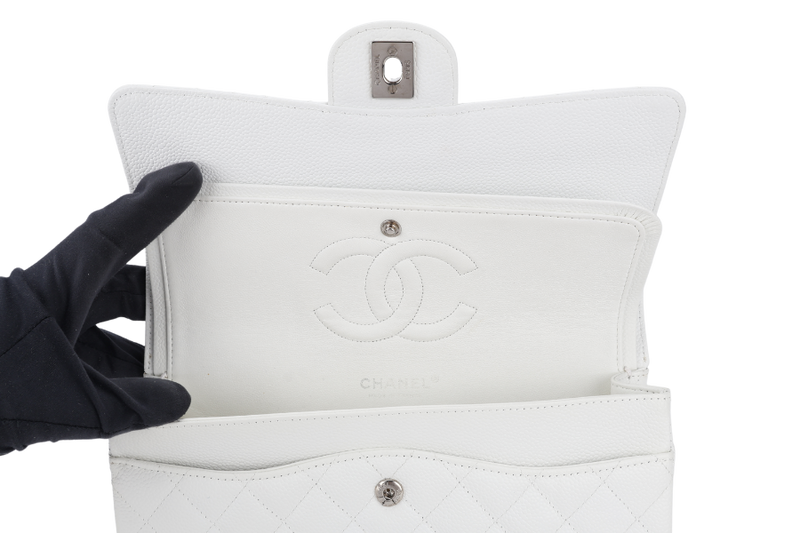 CHANEL CLASSIC FLAP MEDIUM SIZE WHITE CAVIAR SILVER HARDWARE (1121xxxx) WITH CARD, DUST COVER AND BOX