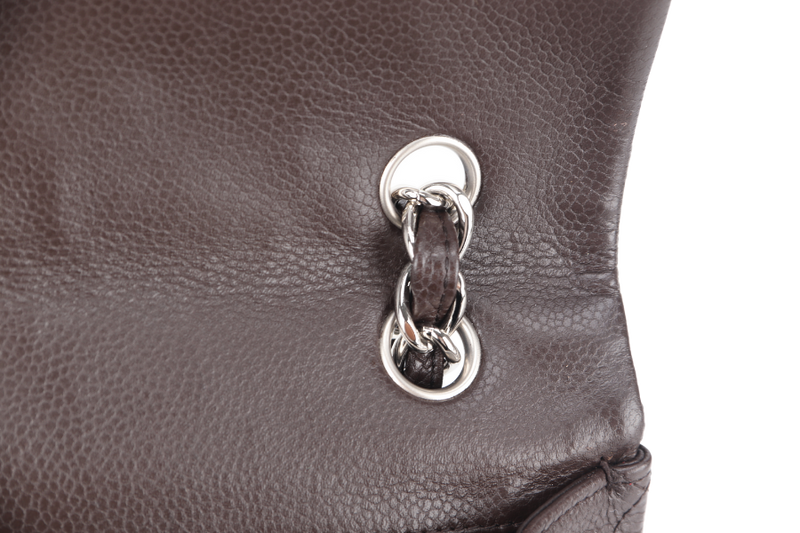 CHANEL CLASSIC FLAP MAXI SINGLE FLAP BROWN CAVIAR SILVER HARDWARE (1401xxxx) WITH CARD, DUST COVER AND BOX