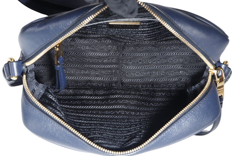 PRADA CAMERA CROSSBODY BAG (1BH089) NAVY BLUE GLACE CALF LEATHER GOLD HARDWARE WITH DUST COVER AND CARD