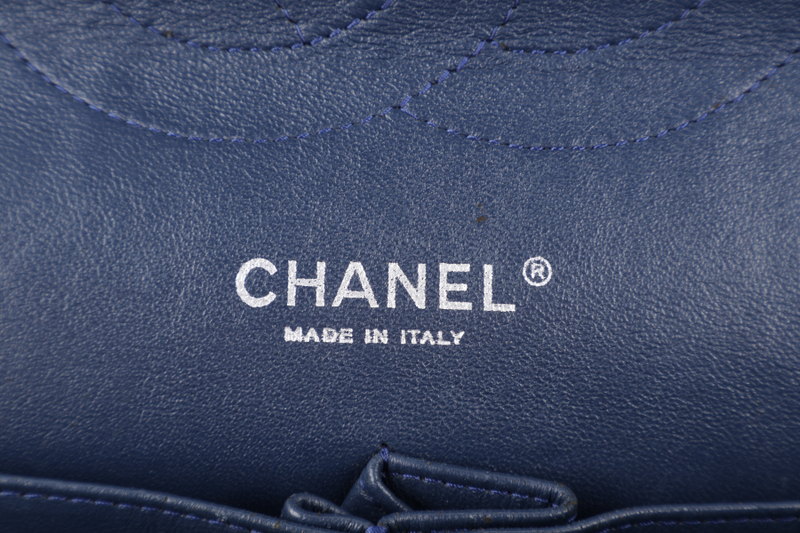 CHANEL CLASSIC DOUBLE FLAP BLUE JUMBO PATENT LEATHER SILVER HARDWARE (1442xxxx) WITH DUST COVER AND DUST COVER
