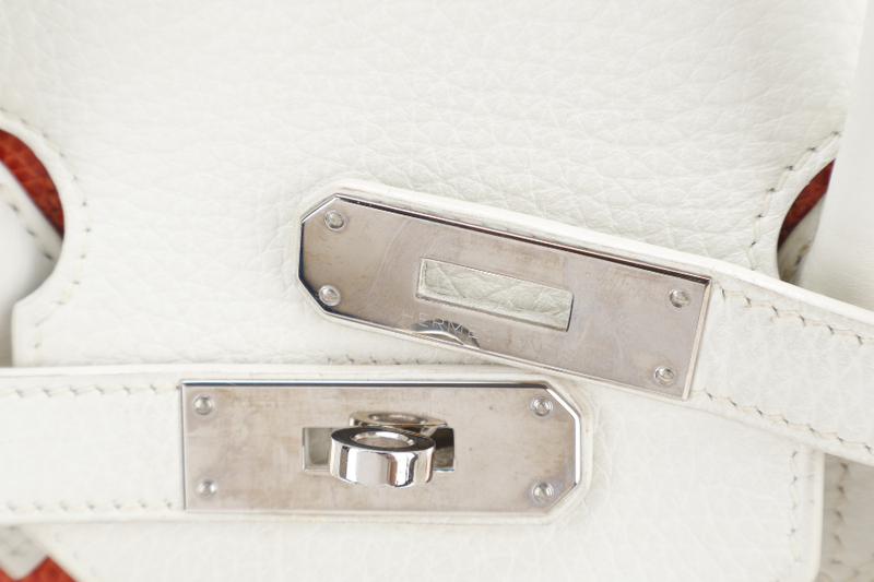 HERMES BIRKIN FLAG 35 WHITE AND GRIS PERLE CLEMENCE, LIZARD LEATHER SILVER HARDWARE STAMP Q SQUARE (YEAR 2013) WITH LOCK & KEYS AND DUST COVER