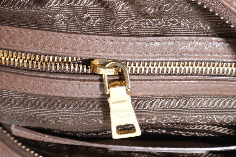 PRADA ZIP TOP HOBO VITELLO DAINO BAG LARGE BROWN LEATHER GOLD HARDWARE NO DUST COVER