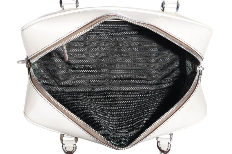 PRADA BN1114 TOP HANDLE BEIGE VINYL BAG SILVER HARDWARE WITH CARD, KEYS&LOCK AND DUST COVER