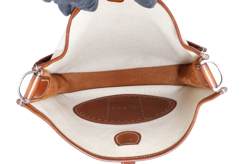 HERMES EVELYN PM TOILE X BARENIA LEATHER STAMP SQUARE K (YEAR 2007) WITH SLING AND DUST COVER