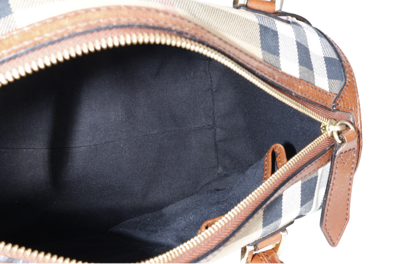 BURBERRY HOUSE CHECK BRIDLE BOWLING BAG BROWN CANVAS AND LEATHER GOLD HARDWARE WITH DUST COVER