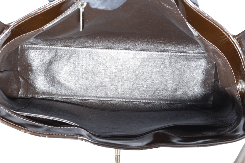 CHANEL DARK BROWN PATENT QUILTED SHOULDER BAG RUTHENIUM HARDWARE (616xxxx) WITH CARD AND BOX