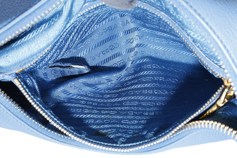 PRADA ZIP TOP HOBO VITELLO DAINO BAG LARGE BLUE LEATHER GOLD HARDWARE NO DUST COVER