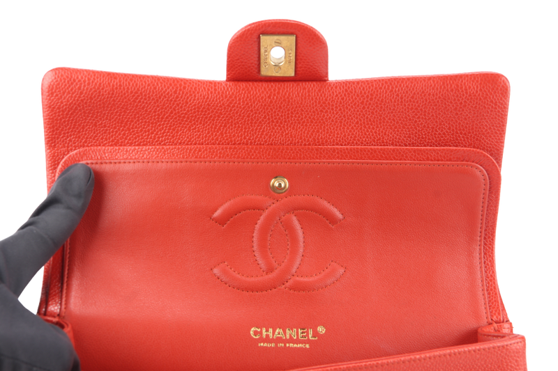 CHANEL CLASSIC FLAP MEDIUM ORANGE RED CAVIAR GOLD HARDWARE (2051xxxx) WITH CARD
