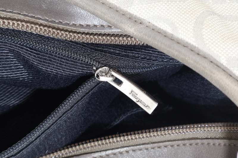 SALVATORE FERRAGAMO GANCINI GREY CANVAS WITH BROWN LEATHER LINING SILVER HARDWARE WITH DUST COVER