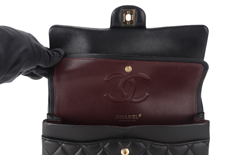 CHANEL CLASSIC FLAP MEDIUM BLACK LAMBSKIN GOLD HARDWARE WITH CARD (3040xxxx) WITH DUST COVER  AND BOX