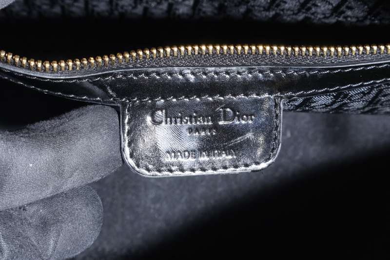 CHRISTIAN DIOR LADY DIOR LARGE PATENT BLACK GOLD HARDWARE WITH CARD AND DUST COVER