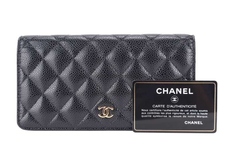 CHANEL BLACK QUILTED CAVIAR LEATHER L YEN CONTINENTAL WALLET (2446xxxx) GOLD HARDWARE WITH CARD NO DUST COVER