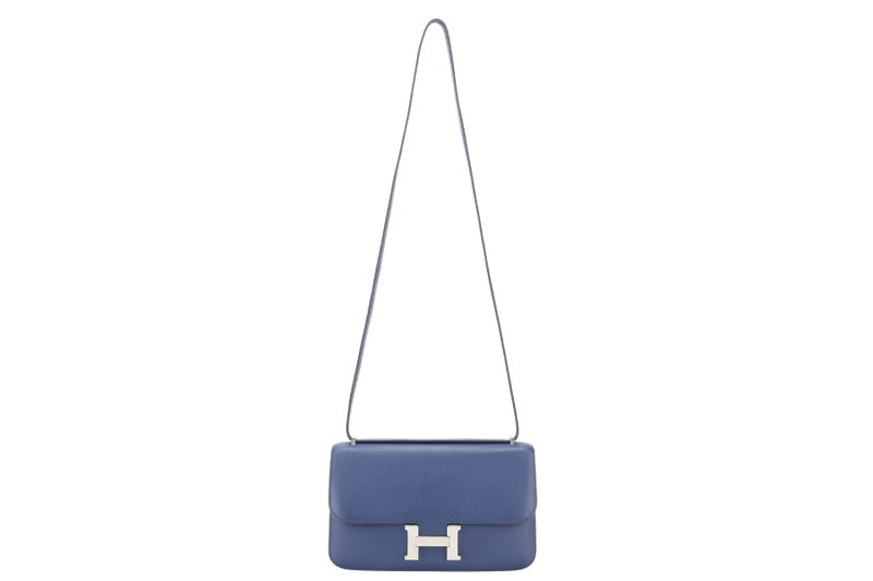 HERMES CONSTANCE ELAN STAMP T (YEAR 2015) BLUE SAPPHIRE SWIFT LEATHER SILVER HARDWARE WITH DUST COVER