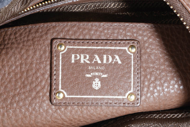 PRADA ZIP TOP HOBO VITELLO DAINO BAG LARGE BROWN LEATHER GOLD HARDWARE NO DUST COVER