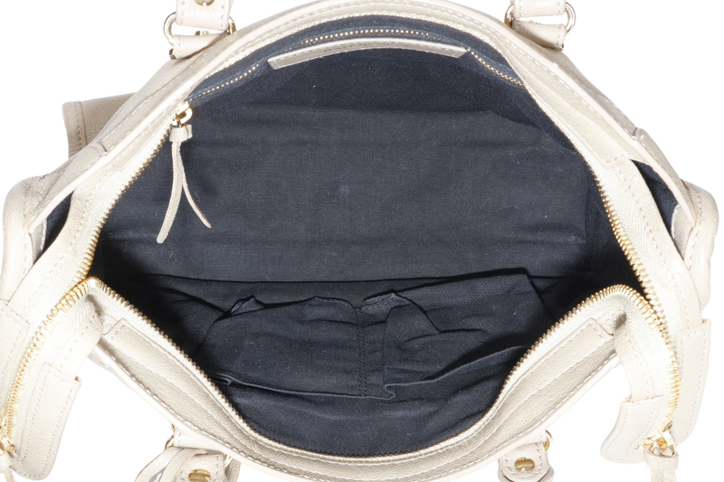 BALENCIAGA SMALL METALLIC EDGE CLASSIC CITY TOTE BEIGE CALFSKIN LEATHER GOLD HARDWARE WITH DUST COVER, STRAPS AND MIRROR