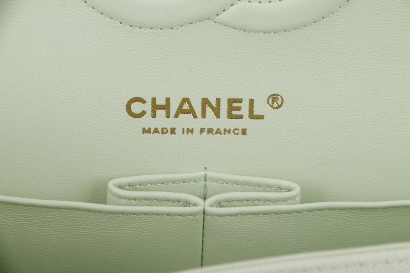 CHANEL FLAP MEDIUM (ALUNxxxx) MINT GREEN CAVIAR LEATHER LIGHT GOLD HARDWARE MICROCHIP WITH DUST COVER