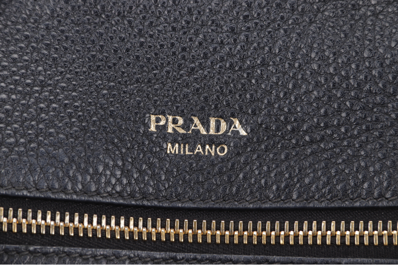 PRADA VITELLO MEDIUM BLACK LEATHER 2WAYS BAG GOLD HARDWARE WITH STRAP