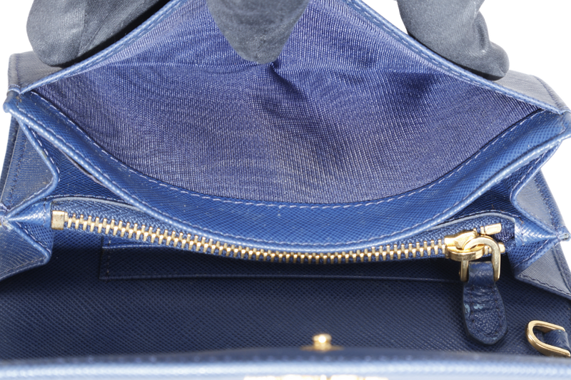 PRADA WRISTLET WALLET DARK BLUE SAFFIANO LEATHER GOLD HARDWARE