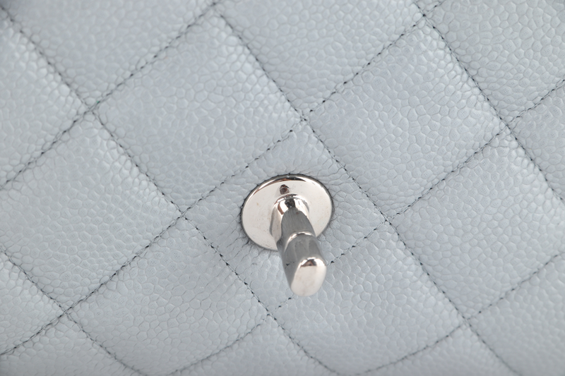 CHANEL CLASSIC FLAP MAXI GREY CAVIAR LEATHER WITH SILVER CHAIN (1739xxxx) WITH CARD , DUST COVER AND BOX