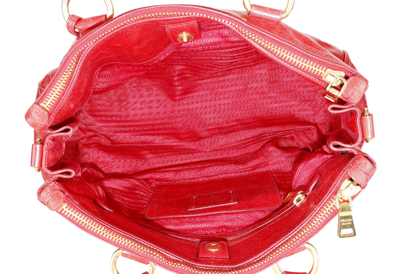 PRADA BR2324 VITELLO SHINE RED MEDIUM SATCHEL LEATHER 2WAYS BAG GOLD HARDWARE WITH CARD AND STRAPS