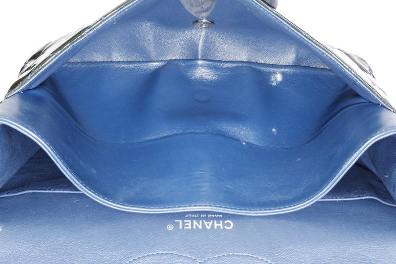 CHANEL CLASSIC DOUBLE FLAP BLUE JUMBO PATENT LEATHER SILVER HARDWARE (1442xxxx) WITH DUST COVER AND DUST COVER