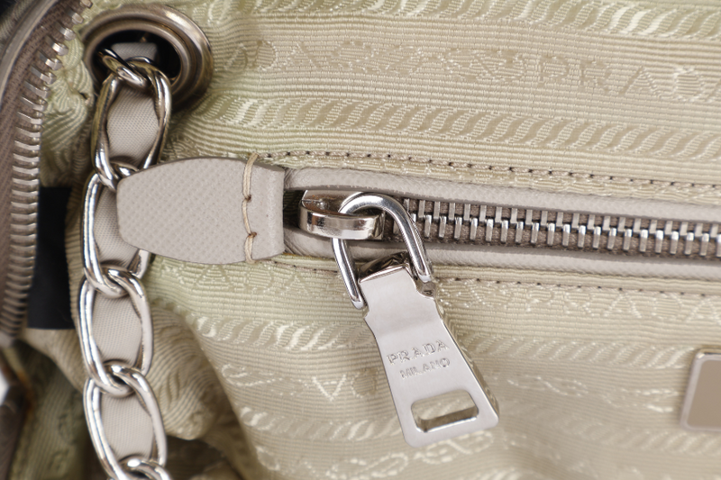 PRADA BR4965 TESSUTO IMPUNTU CHAIN BAG BEIGE NYLON SILVER HARDWARE WITH CARD AND DUST COVER