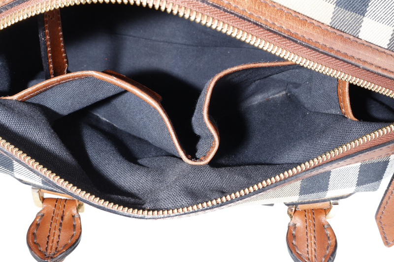 BURBERRY HOUSE CHECK BRIDLE BOWLING BAG BROWN CANVAS AND LEATHER GOLD HARDWARE WITH DUST COVER