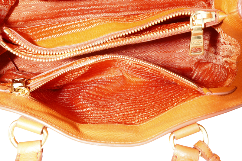 PRADA BN2579 VITELLO DAINO ZIP BAG ORANGE LEATHER GOLD HARDWARE WITH DUST COVER, LONG STRAPS AND CARD