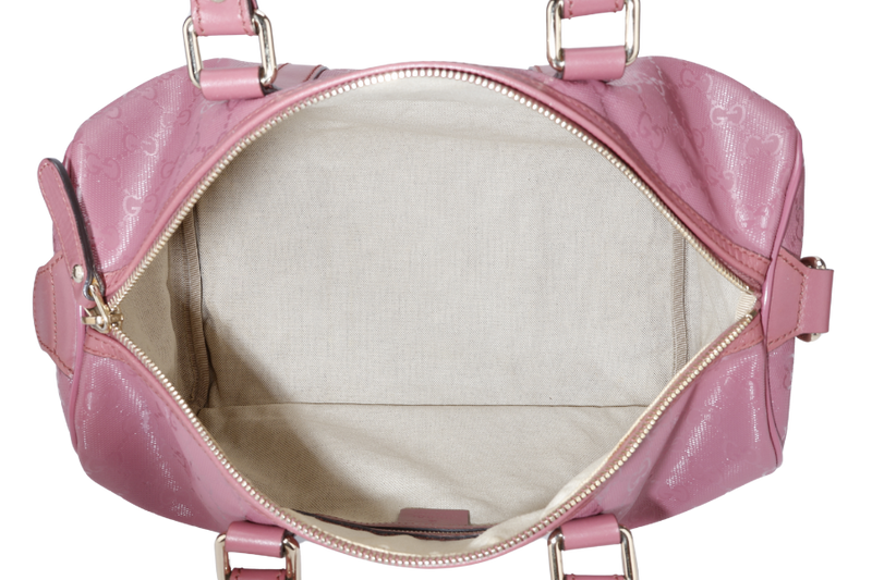 GUCCI JOY BOSTON BAG (193603) MEDIUM PINK GG IMPRIME COATED CANVAS GOLD HARDWARE WITH DUST COVER