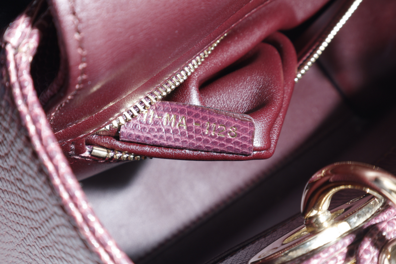 CHRISTIAN DIOR LADY DIOR MINI BURGUNDY LIZARD SKIN GOLD HARDWARE WITH STRAPS, CITIES REPORT AND DUST COVER