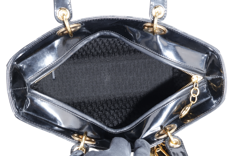 CHRISTIAN DIOR LADY DIOR LARGE BLACK PATENT LEATHER GOLD HARDWARE (17-BO-1009) WITH CARD NO DUST COVER