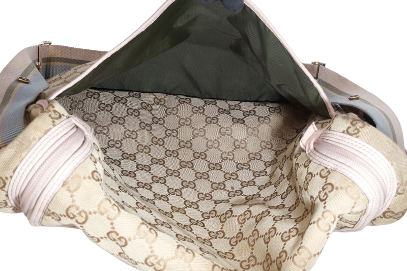 GUCCI DIAPER BAG 123326.002058 LARGE BEIGE & PINK GG MONOGRAM CANVAS GOLD HARDWARE WITH DUST COVER