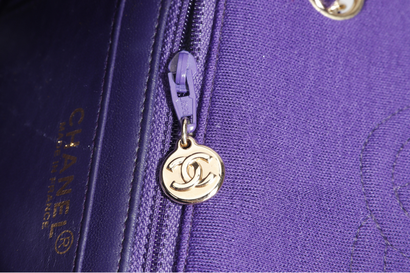 CHANEL CLASSIC FLAP MINI SQUARE (648xxxx) PURPLE JERSEY GOLD HARDWARE WITH DUST COVER AND CARD