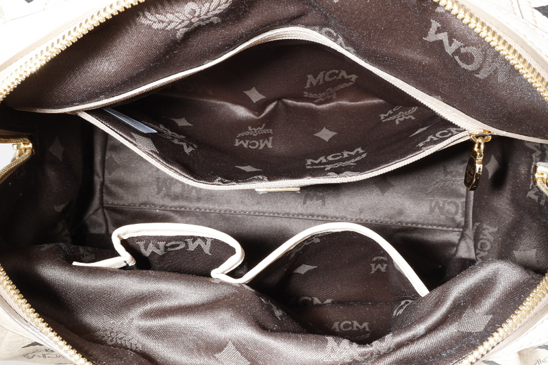 MCM BOSTON LIGHT BEIGE MONOGRAM CANVAS GOLD HARDWARE WITH KEYS, LOCK AND DUST COVER