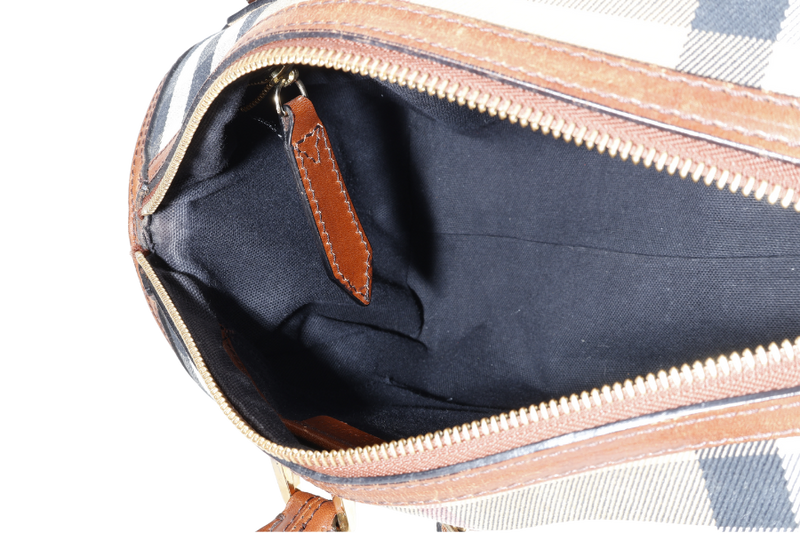 BURBERRY HOUSE CHECK BRIDLE BOWLING BAG BROWN CANVAS AND LEATHER GOLD HARDWARE WITH DUST COVER