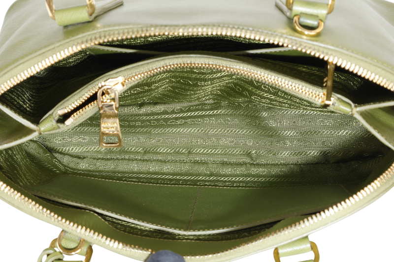 PRADA LIME GREEN SAFFIANO LUX LEATHER (BL0837) PROMENADE SATCHEL GOLD HARDWARE WITH STRAPS ,CARD AND DUST COVER