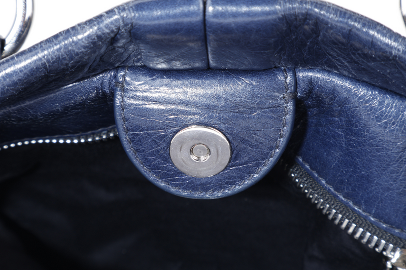 MIU MIU VITELLO SHINE SATCHEL DARK BLUE LEATHER SILVER HARDWARE WITH STRAPS AND NO DUST COVER