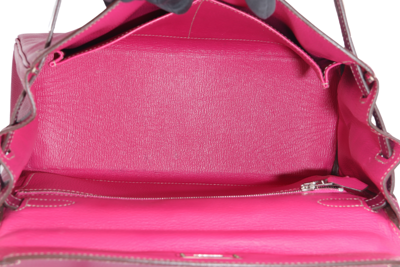 HERMES KELLY 28 CANDY VERSO TOSCA AND ROSE TYRIEN COLOR EPSOM SILVER HARDWARE STAMP O (YEAR 2011) WITH KEYS, LOCK, STRAP AND DUST COVER