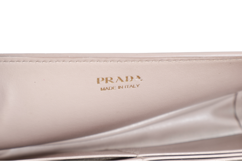 PRADA BANDOLIERA TRIANGLE LOGO HANDBAG MINI BEIGE LEATHER GOLD HARDWARE WITH DUST COVER AND BOX