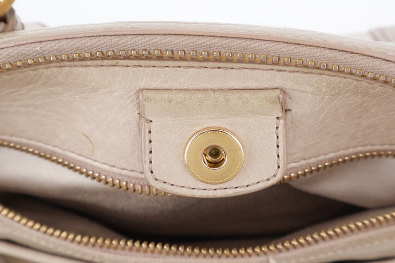 MIU MIU VITELLO LUX LARGE BEIGE BOWLER BAG GOLD HARDWARE WITH LEATHER STRAPS AND DUST COVER