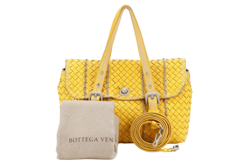 BOTTEGA VENETA VIVO CERVO INTRECCIATO BAG YELLOW LEATHER WITH GREY ANCHOR LINKS WITH LEATHER STRAPS AND DUST COVER