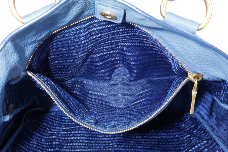 PRADA BLUE VITELLO DAINO LEATHER TOTE GOLD HARDWARE WITH STRAPS, CARD AND DUST COVER