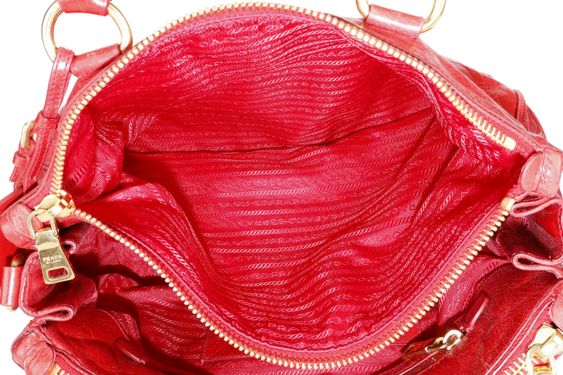 PRADA BR2324 VITELLO SHINE RED MEDIUM SATCHEL LEATHER 2WAYS BAG GOLD HARDWARE WITH CARD AND STRAPS
