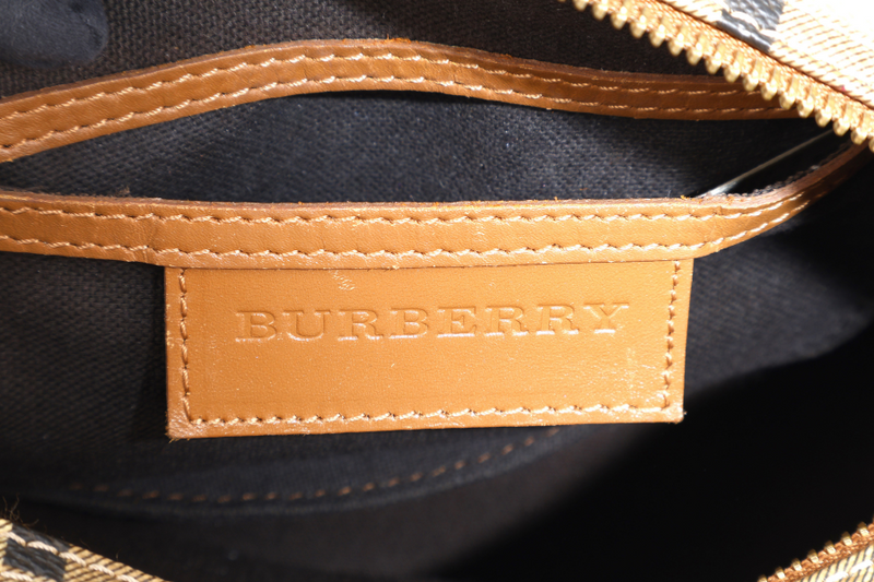 BURBERRY HAYMARKET CHECK CANVAS BROWN LEATHER BOSTON BAG GOLD HARDWARE WITH DUST COVER