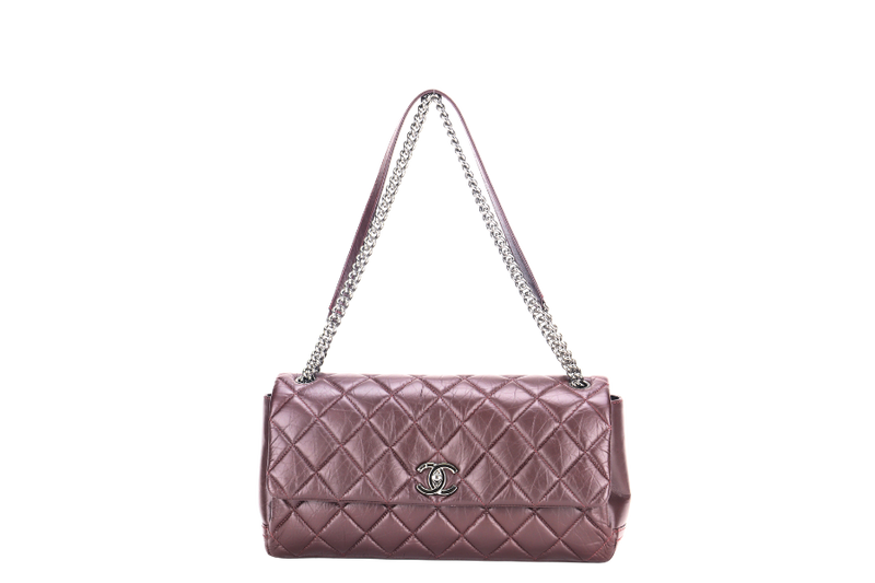 CHANEL LADY PEARLY FLAP (1690xxxx) BURGUNDY DISTRESSED LEATHER SILVER HARDWARE WITH CARD, DUST COVER & BOX