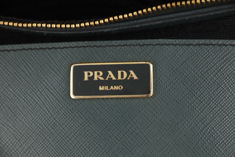 PRADA MEDIUM GALLERIA TOTE GREEN BICOLOR SAFFIANO LUX LEATHER GOLD HARDWARE WITH STRAPS AND DUST COVER